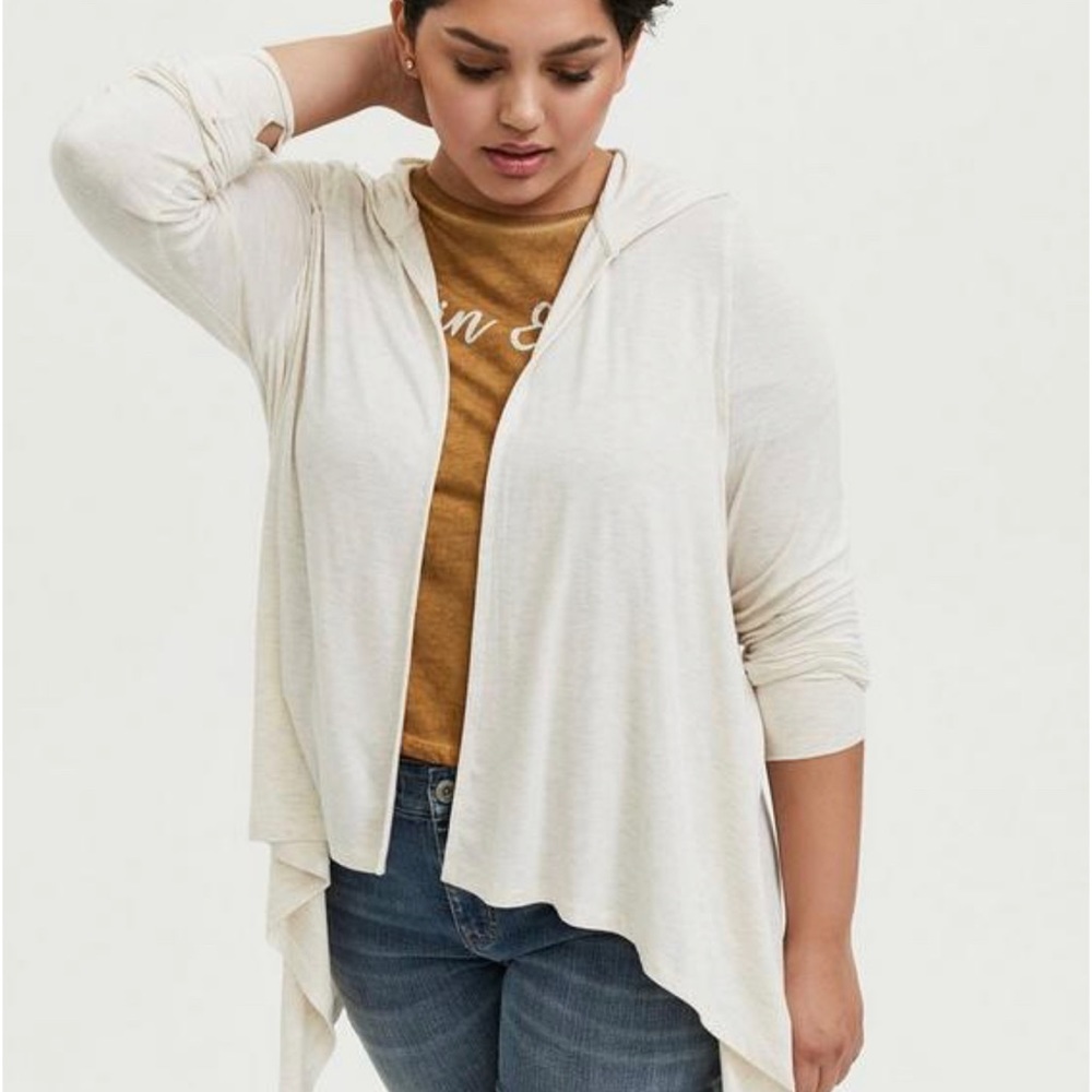 Torrid Super Soft Cardigan Hooded Drape Front Sz 1 1X 14-16 Heather Oatmeal